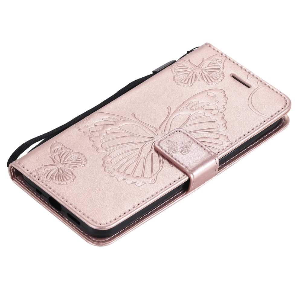 iPhone 13 Leder Tasche mit Kartenfach   Handschlaufe Schmetterling - Roségold