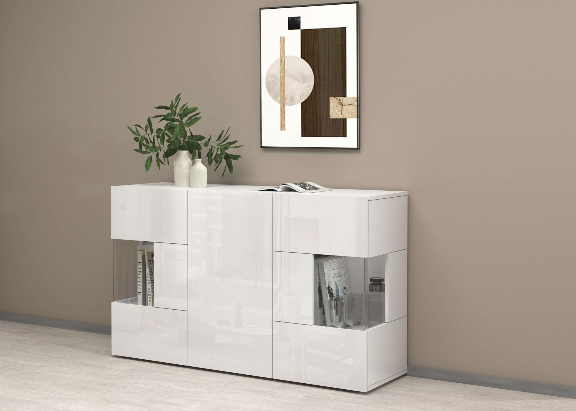 INOSIGN Sideboard »Egypt, Kommode, Schrank, Kredenz, Vitrine grifflos« 3 Türen davon 2 mit Glaseinsatz, kompl. Hochglanz lackiert Breite 135