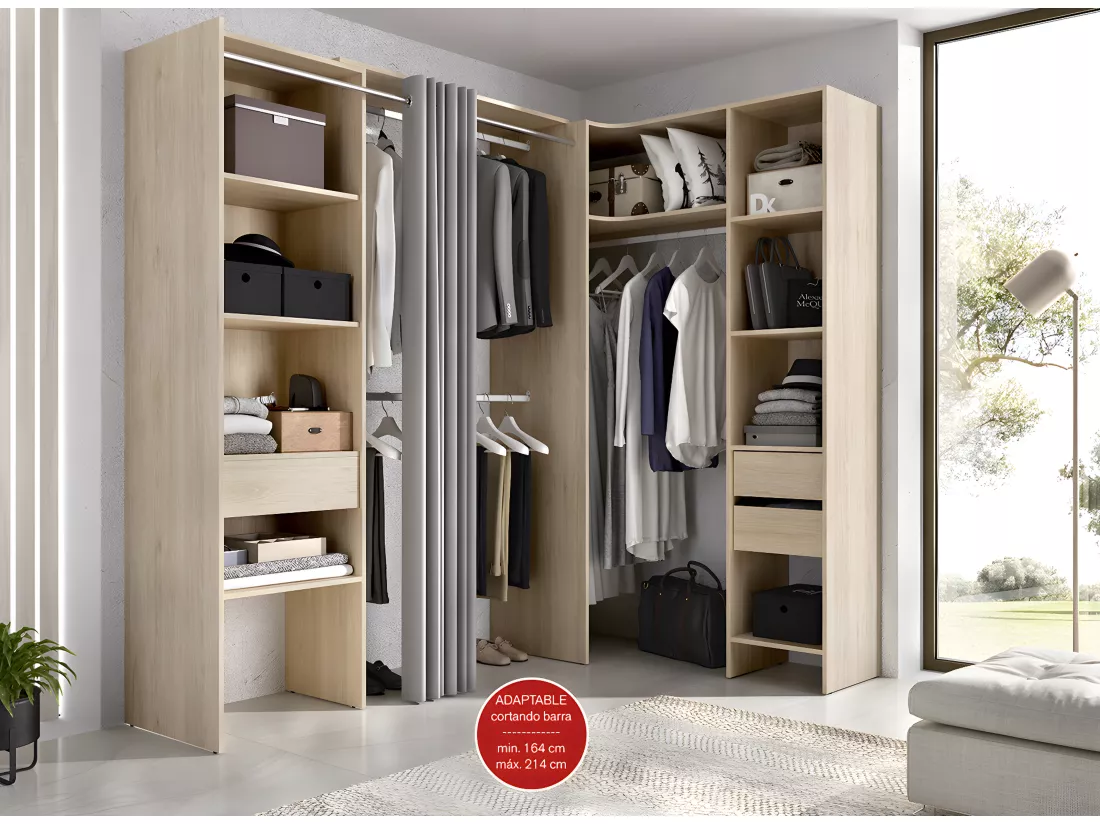 Kit armoire dressing d'angle extensible en bois mélaminé coloris chêne naturel - Longueur 164-214 x Profondeur 141 x Hauteur 205 cm