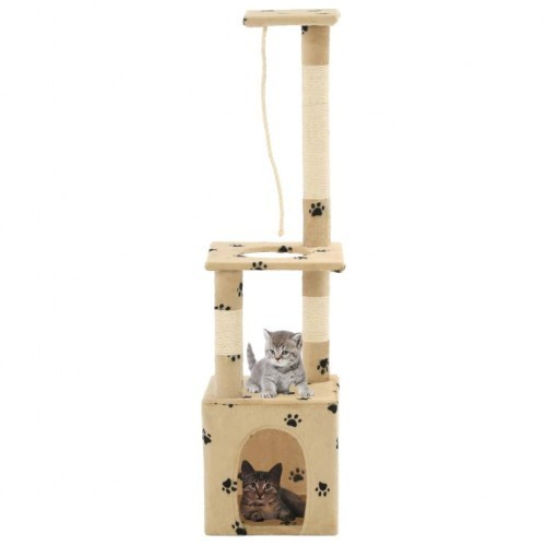 Arranhador com poste de sisal e caverna bege com pegadas de patas.