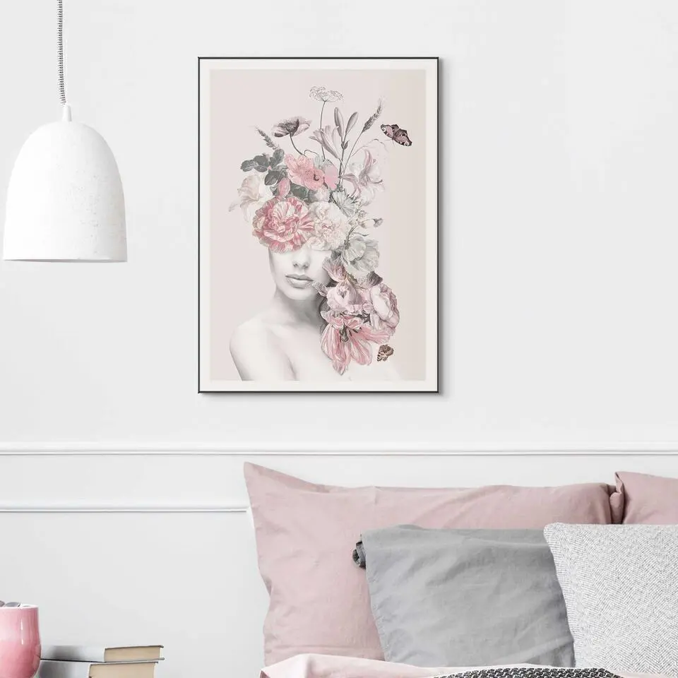Schilderij Bloemenvrouw - 70x50cm - Roze