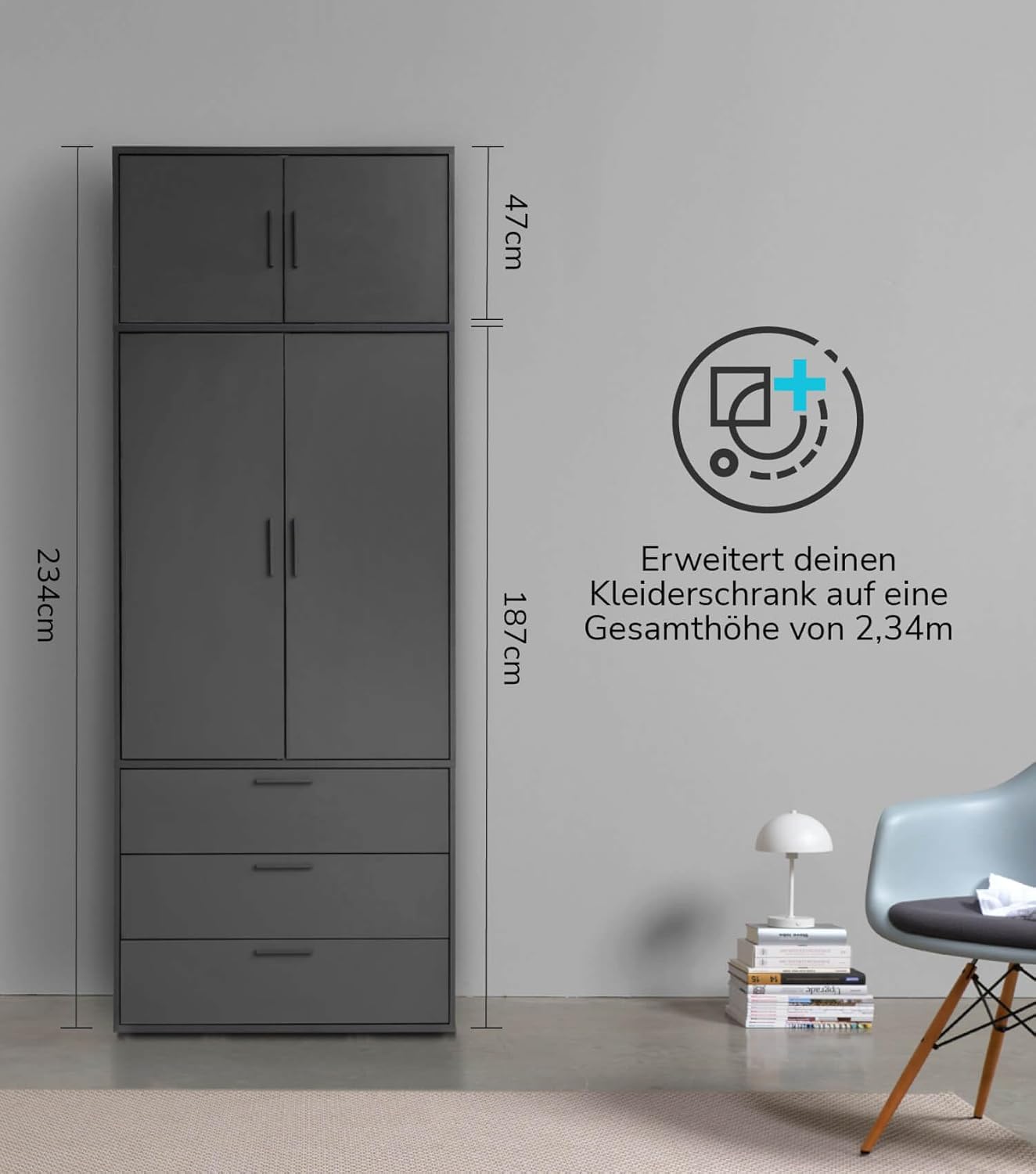 mokebo Schrankaufsatz 'Der Hochstapler' Kleiderschrankaufsatz Schwarz für extra Stauraum und Höhe, kombinierbar mit Kleiderschrank o. Garderobenschrank 'Der Grenzenlose' 90cm Breite, 90x47x58 (BxHxT)