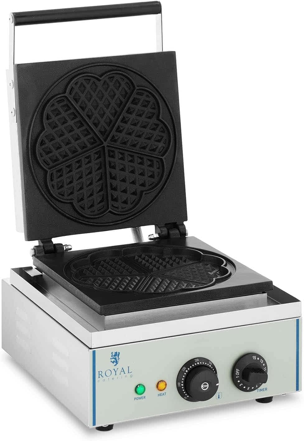 Royal Catering RCWM-1500-H Waffeleisen Waffelgerät Waffelautomat Waffle Maker (herzförmig, 1.500 W, Ø 21 cm, 15 min Timer, Teflon, Edelstahlgehäuse)