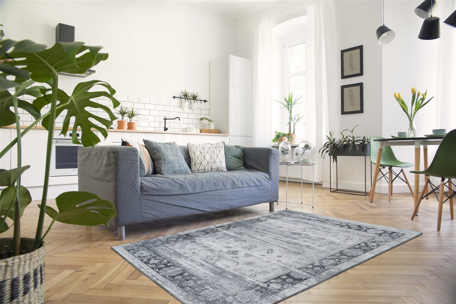 Stellara vlakgeweven vloerkleed, grijs/blauw, vintage design, used look, oosters, 80 x 150 cm