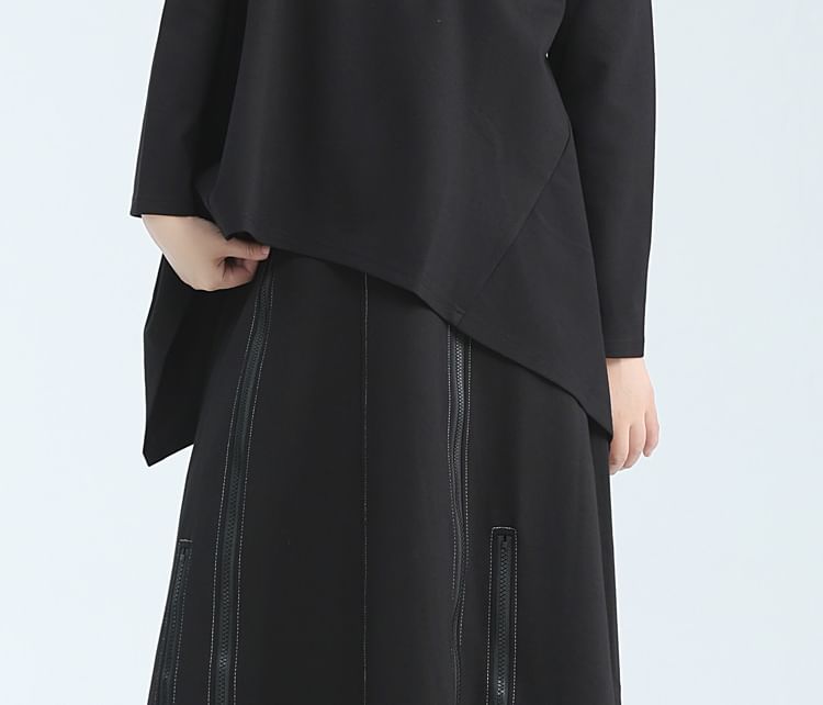 SIMPLE BLACK - Lange mouwen, mockneck, effen, asymmetrisch, oversized T-shirt