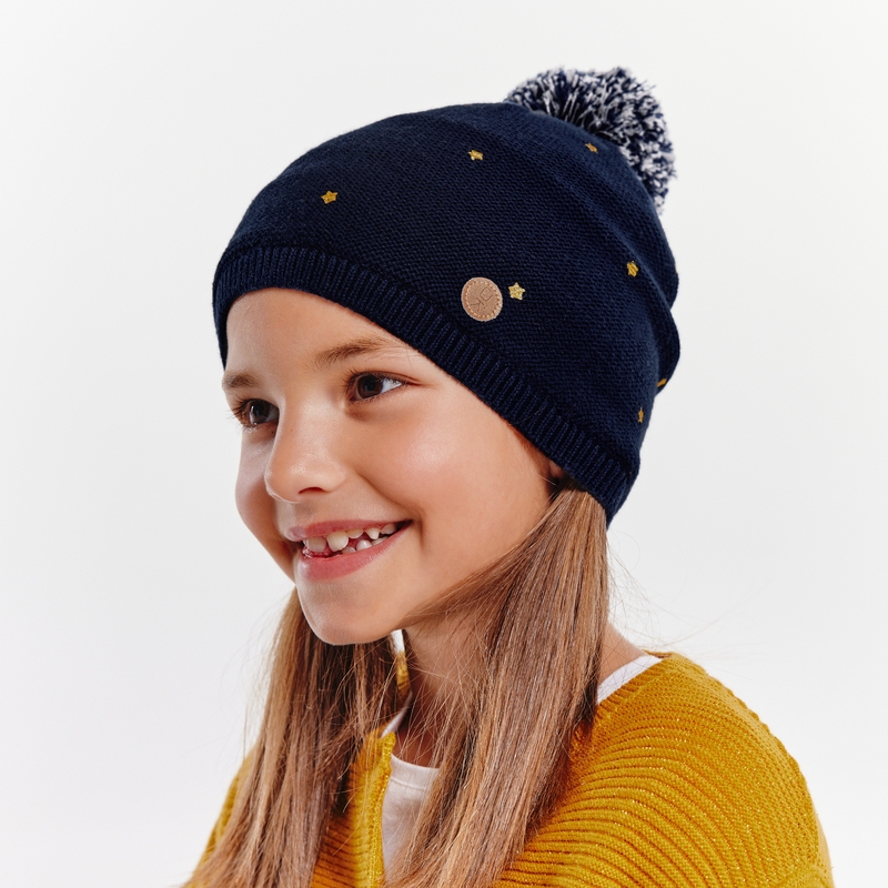 Bonnet étoilé à pompon interchangeable bleu fille