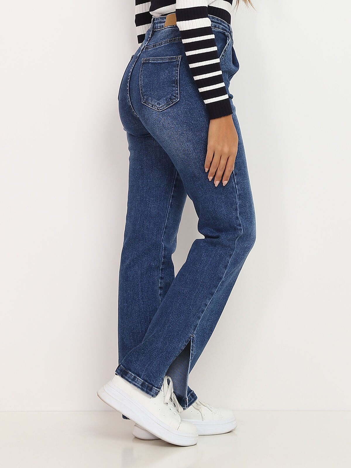 Jeans droit à fentes- Bleu