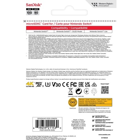 Carte mémoire micro SD Sandisk Nintendo Switch System Pokemon 512Go