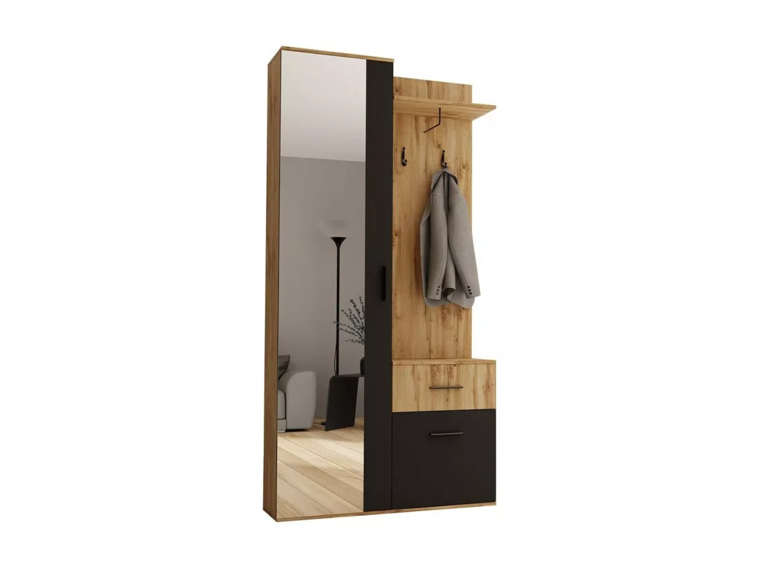 Meuble d'entrée Stanton 141, 195x97x28cm, Miroir, Noir|Chêne wotan, Stratifié, À poser