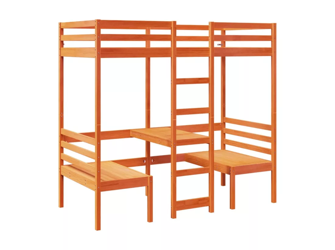 Lit mezzanine avec bureau et chaises brun cire 90x200 cm pin