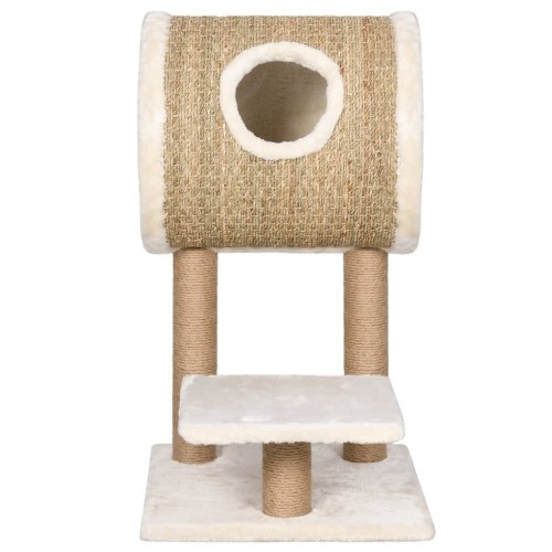 Arranhador bege para gatos com túnel e plataforma.