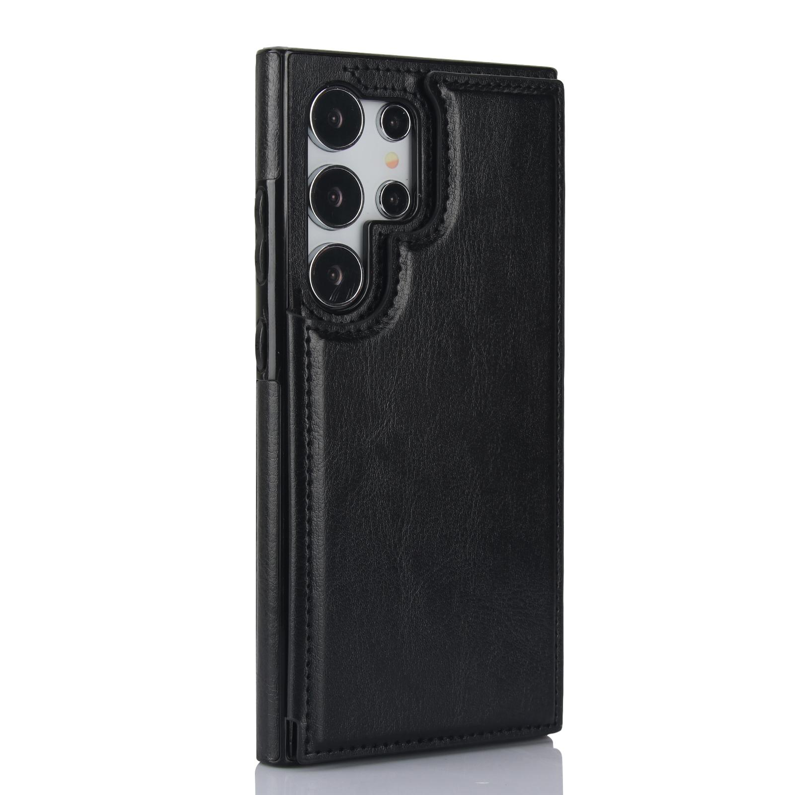 Samsung Galaxy S24 Ultra Hybrid Leder Hülle mit Kartenfach   Kickstand Aufsteller - Schwarz