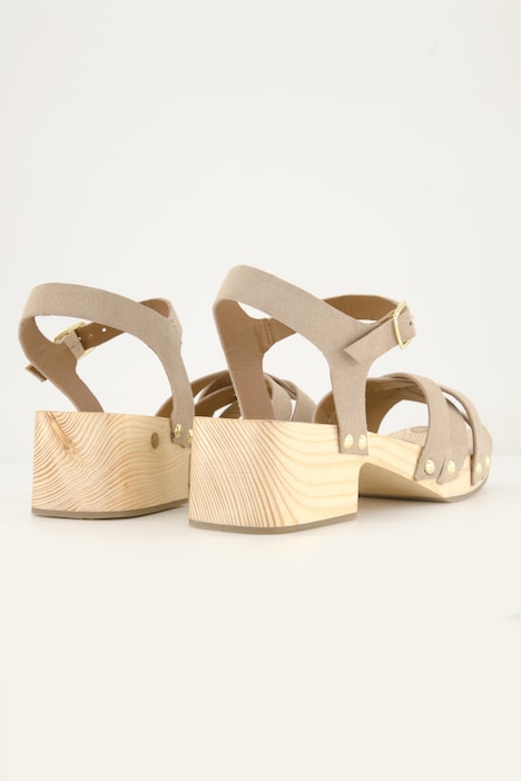 Leder-Clog-Sandaletten, Nieten, Holzsohle, Blockabsatz