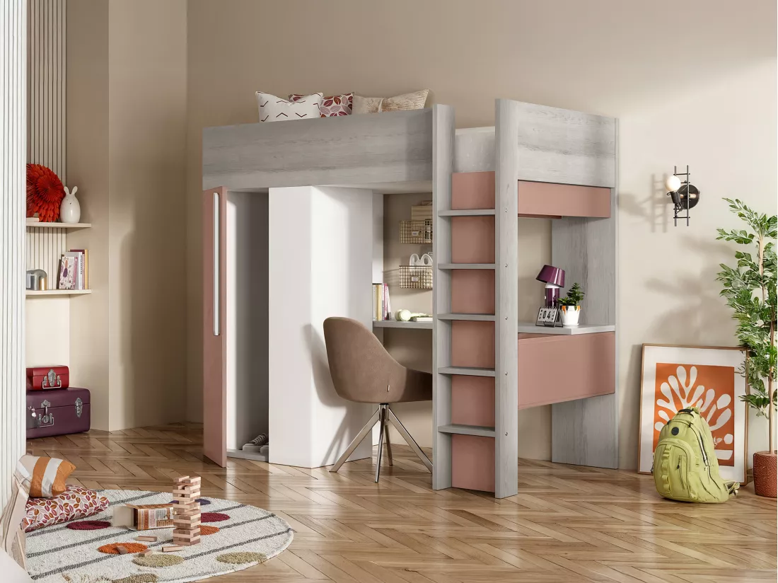 Lit mezzanine 90 x 200 cm avec armoire et bureau - Rose et blanc - NICOLAS