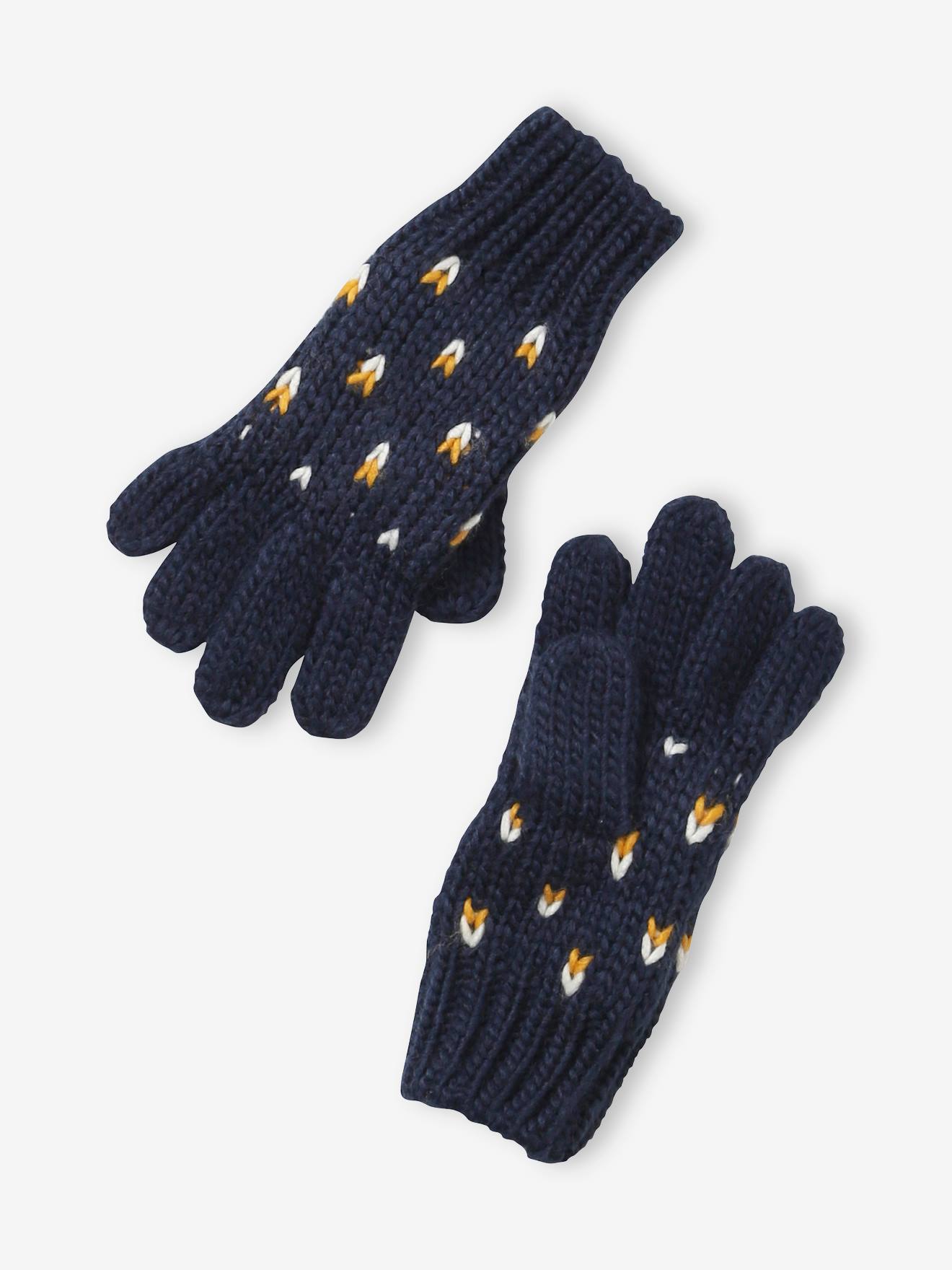 Conjunto de gorro, cachecol e luvas com estampa de corações em azul escuro, para meninas.