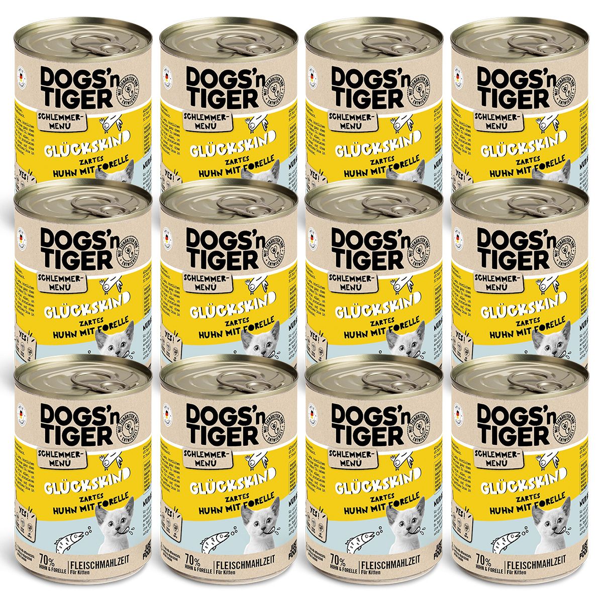 Dogs’n Tiger Junior, Kitten, Nassfutter, Katzenfutter, Getreidefrei, Glückskind, Huhn & Forelle