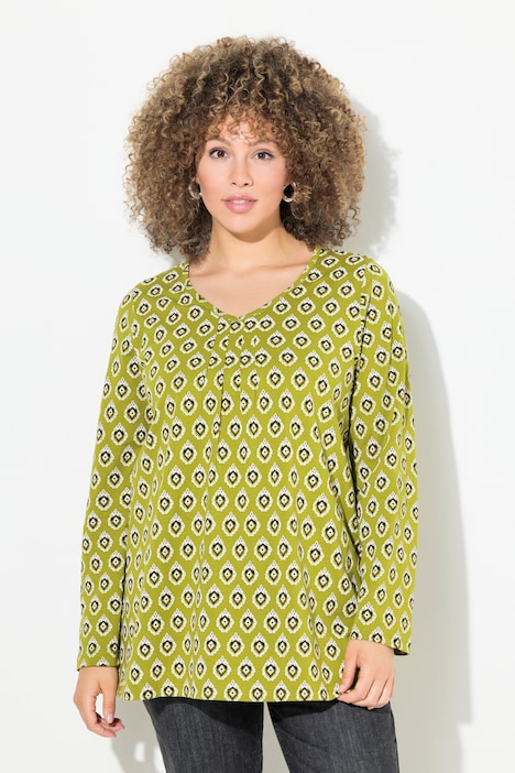 Shirt, Zierfalten, A-Linie, V-Ausschnitt, Langarm