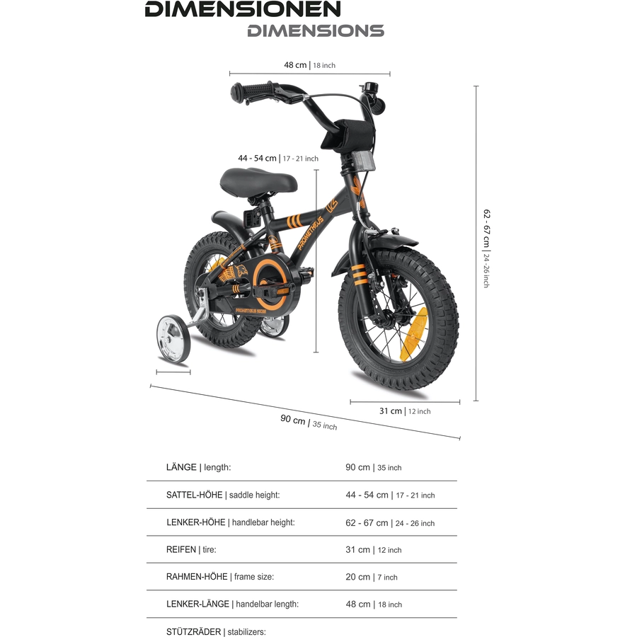 PROMETHEUS BICYCLES® Kinderfahrrad 12 in Schwarz Matt & Orange ab 3 Jahre mit Stützräder
