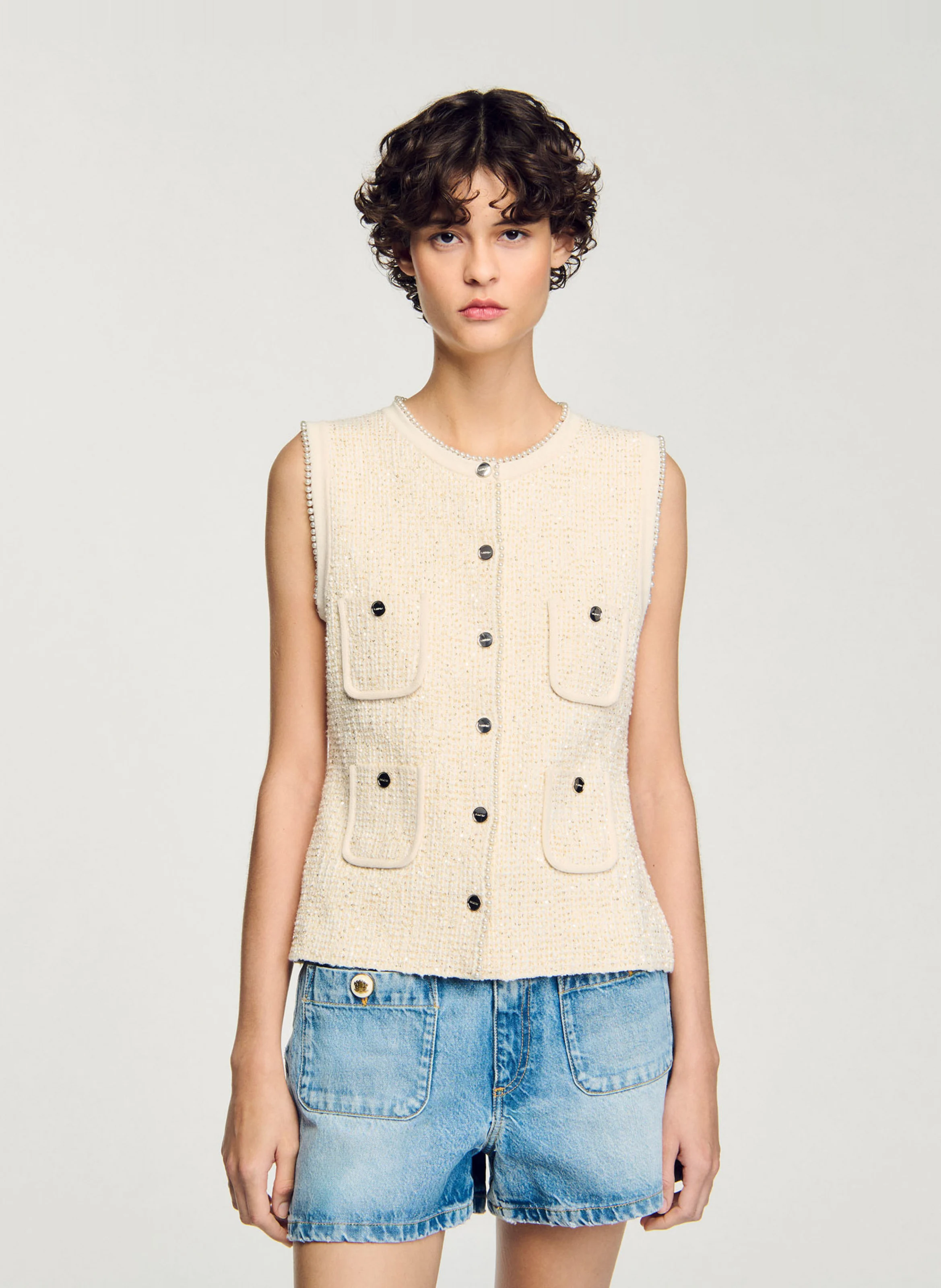 Cardigan boutonné en tweed fantaisie | Blanc