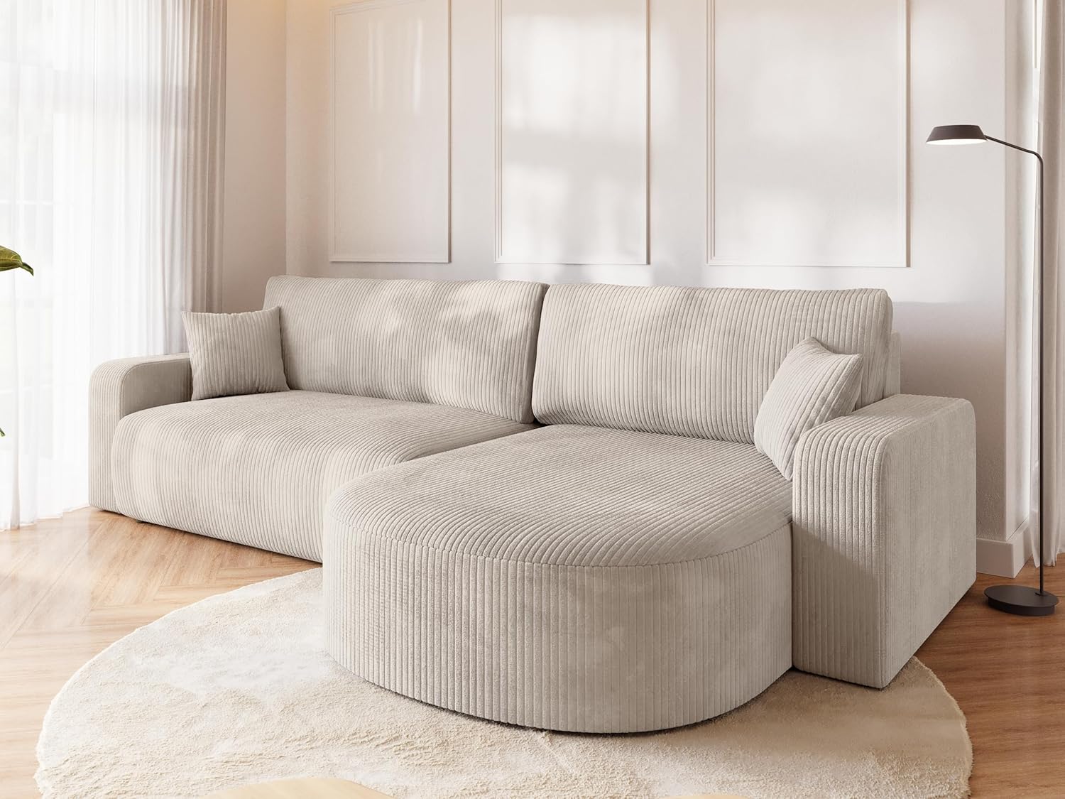 BROMARKT Ecksofa mit Schlaffunktion und Bettkasten Cordstoff Sofa Dreisitzer Schlafsofa Eckcouch Relaxsofa für Wohnzimmer Wohnlandschaft L-Form Bisk 275x170x85cm Creme