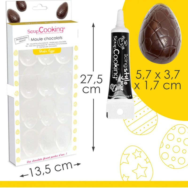 Moule rigide pour 6 oeufs en chocolat + Stylo de glaçage noir Scrapcoo