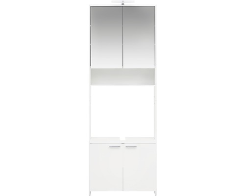 Wastafelonderkast van Möbelpartner Luis, afmetingen (B x H x D): 68,5 x 197,2 x 32 cm, frontkleur: hoogglans wit, met spiegel, badmeubel en planchet.