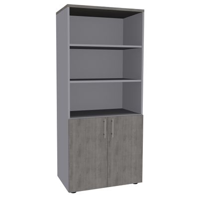 Bibliothèque IDRA/DUAL avec 2 portes basses - L80 x H180 x P47 - Corps alu - Portes et dessus imitation Chêne gris