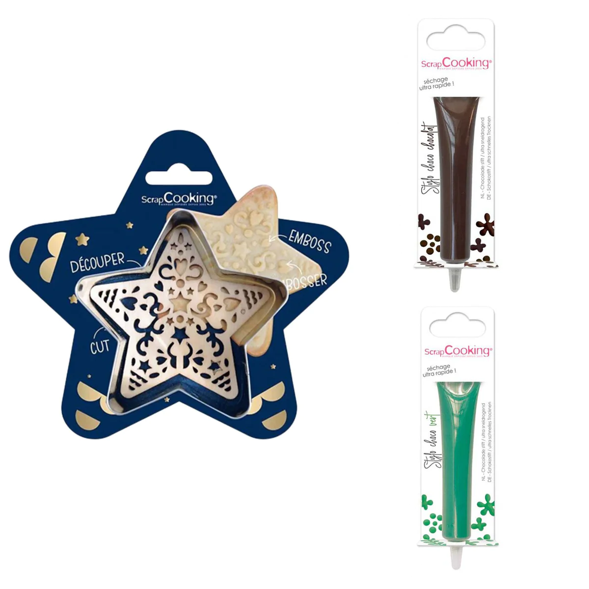 Kit pour biscuit en relief Étoile + 2 Stylos au chocolat marron et ver