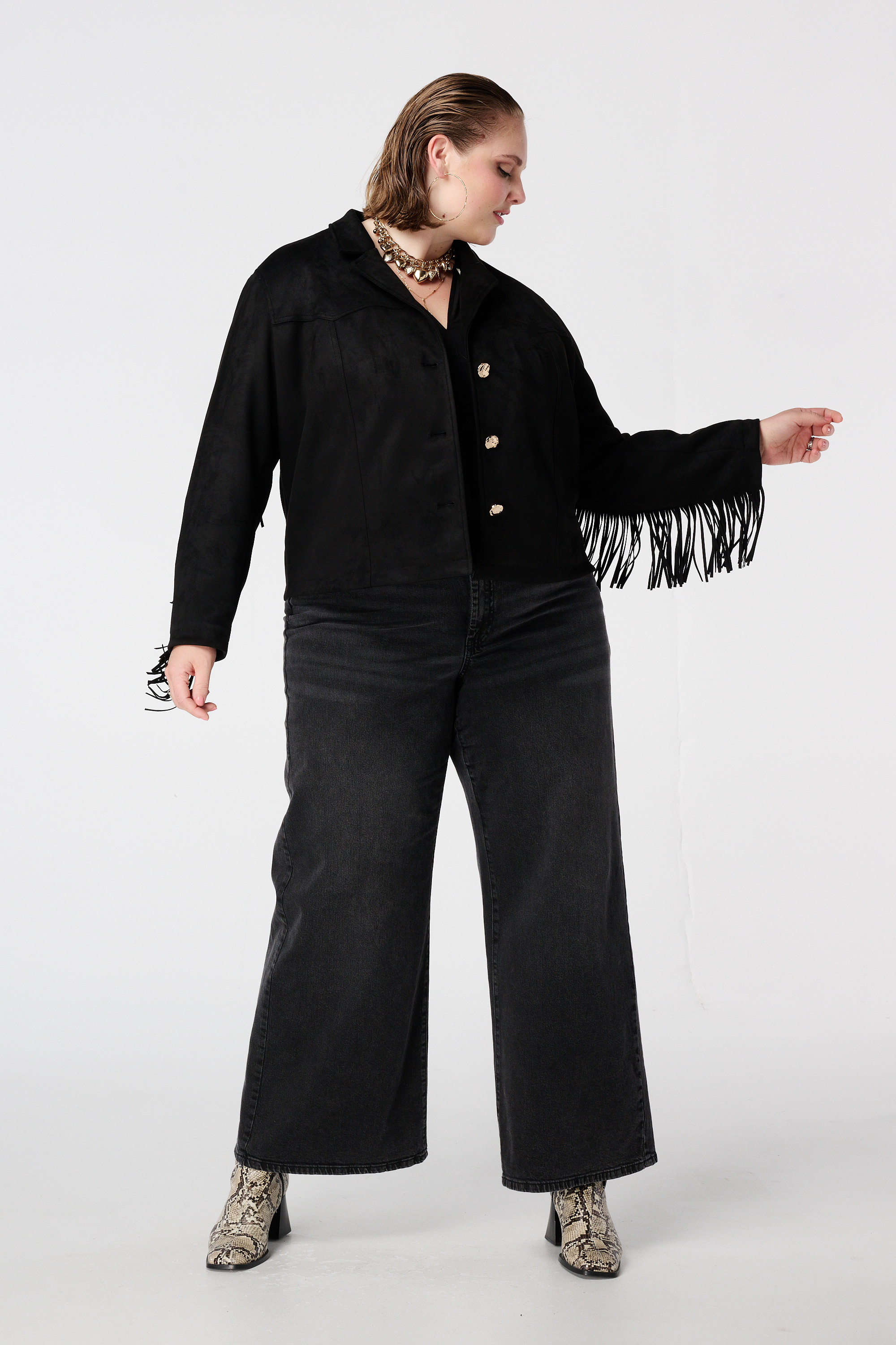 Suèdine jacket met franjes Zwart