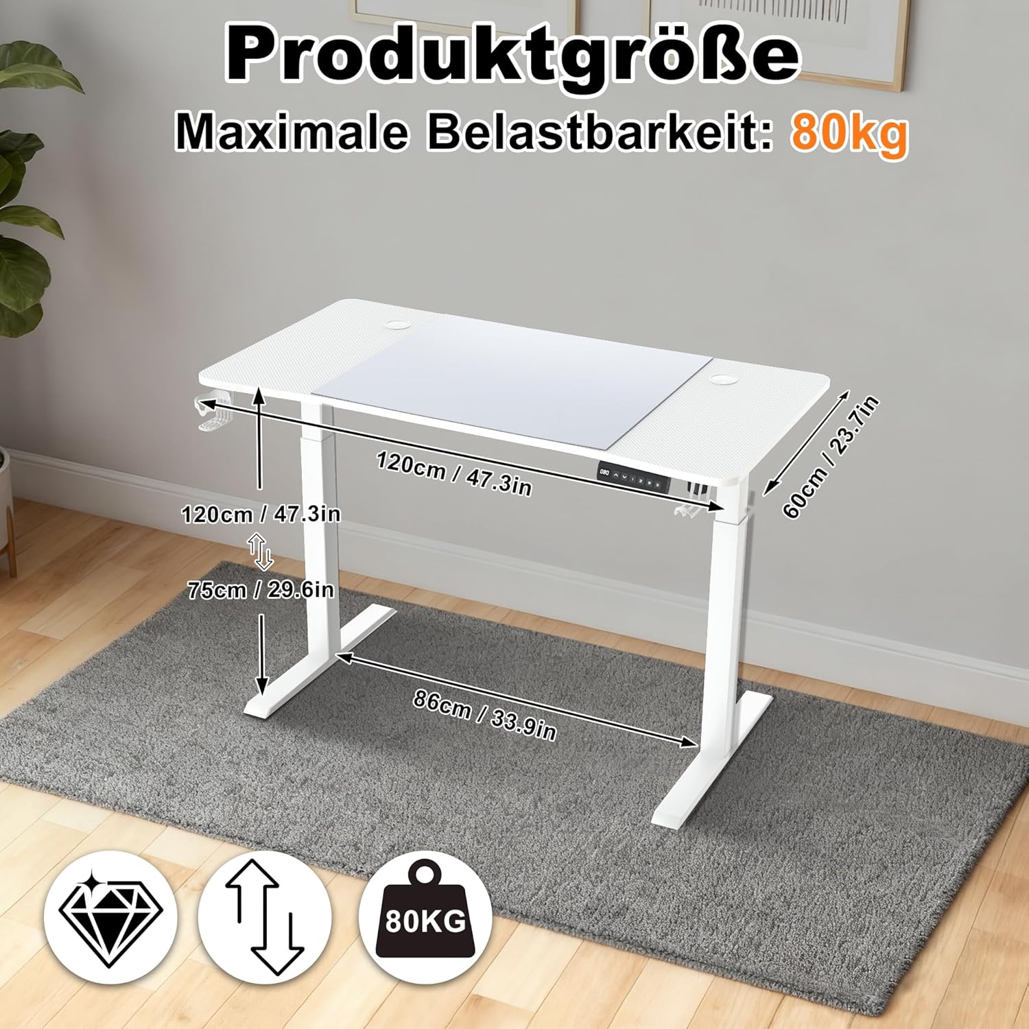 YUENFONG 120x60cm Höhenverstellbarer Schreibtisch Elektrisch mit Typ-C Ladeanschluss, 3 Höhen Memory-Funktion, Computertisch Mobiler mit Kopfhörerhaken und Getränkehalter, Weiß