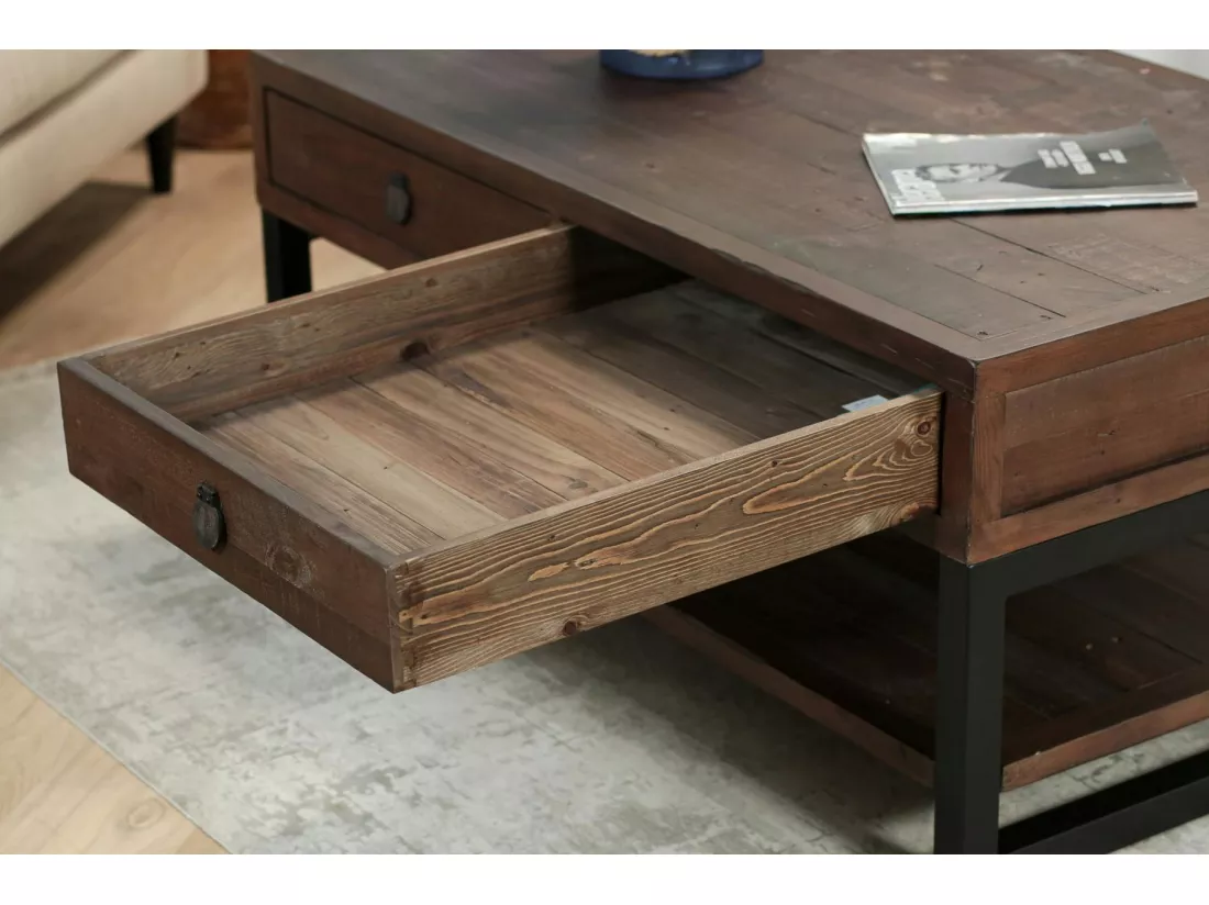 Table basse bois recyclé double plateau 2 tiroirs SAMOA
