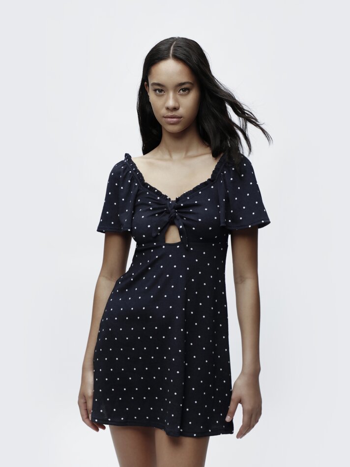 Vestido curto com nó - Azul-marinho/branco