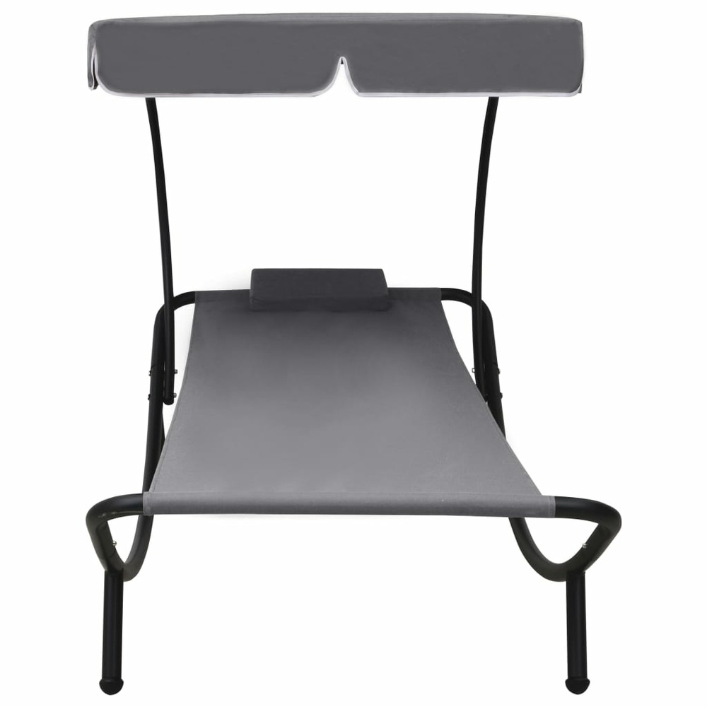 Lit de repos transat chaise longue d'extérieur 200 cm avec auvent et oreiller gris