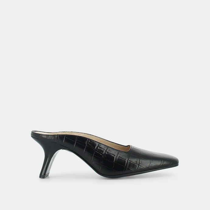 Mules à talon incliné  en croco noir