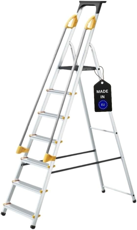 PROREGAL Trapladder met gereedschapsplank en leuning Economy Basic Enkelzijdige toegang 7 treden Werkhoogte 3,40 m Draagvermogen 150 kg