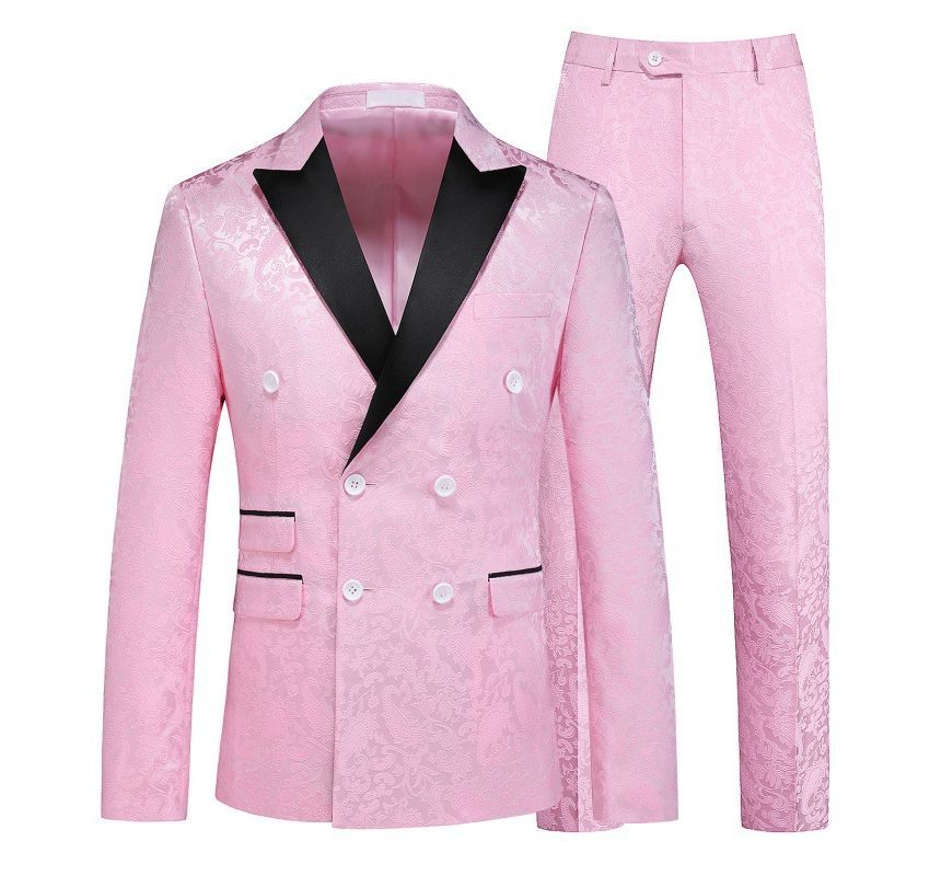 Sheck - Set: Peak Lapel Two Tone Paisley Double-Breasted Blazer + Mid Rise Straight Leg Dress Pants