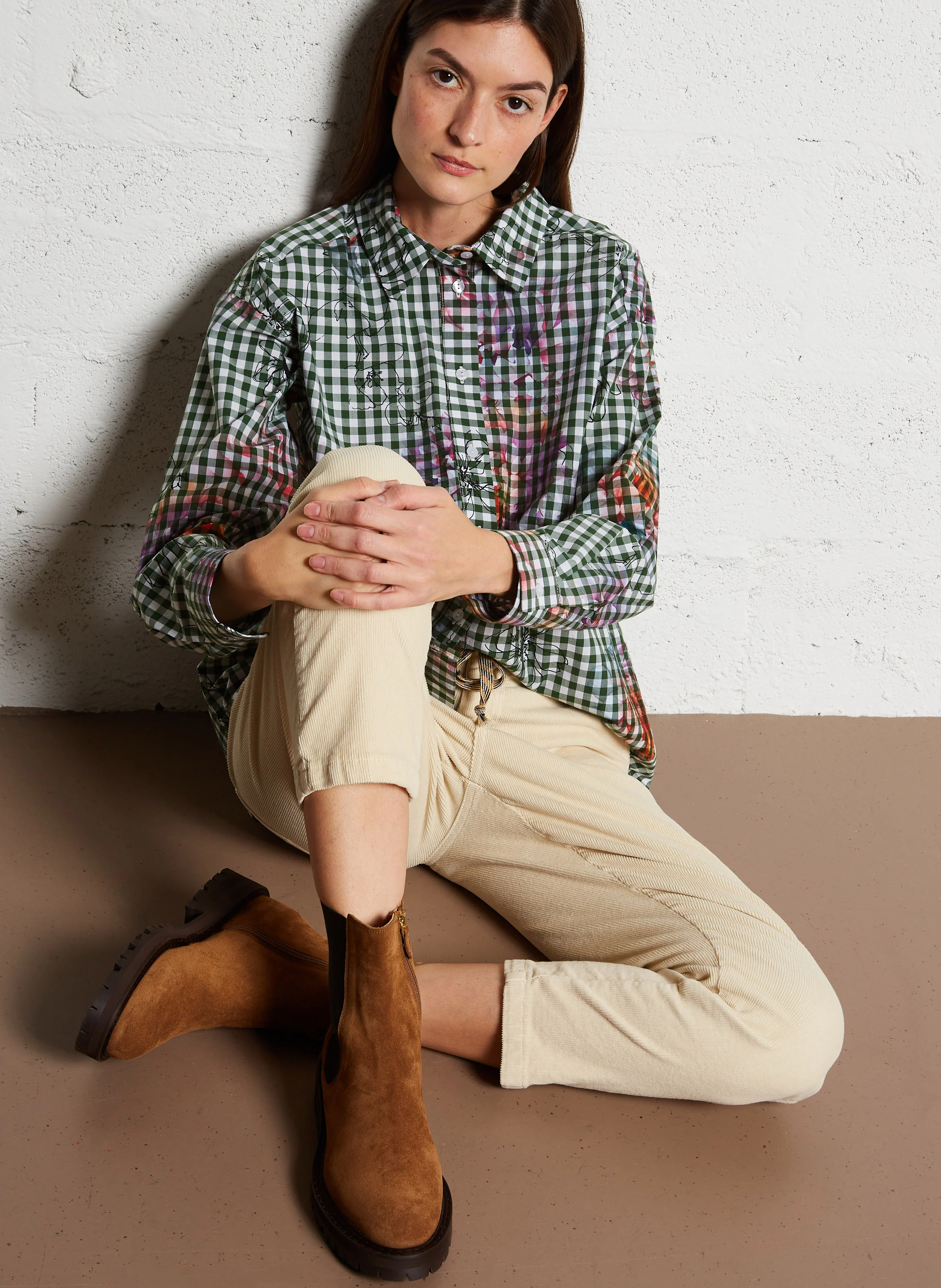 Chemise col classique à carreaux en coton | Vert