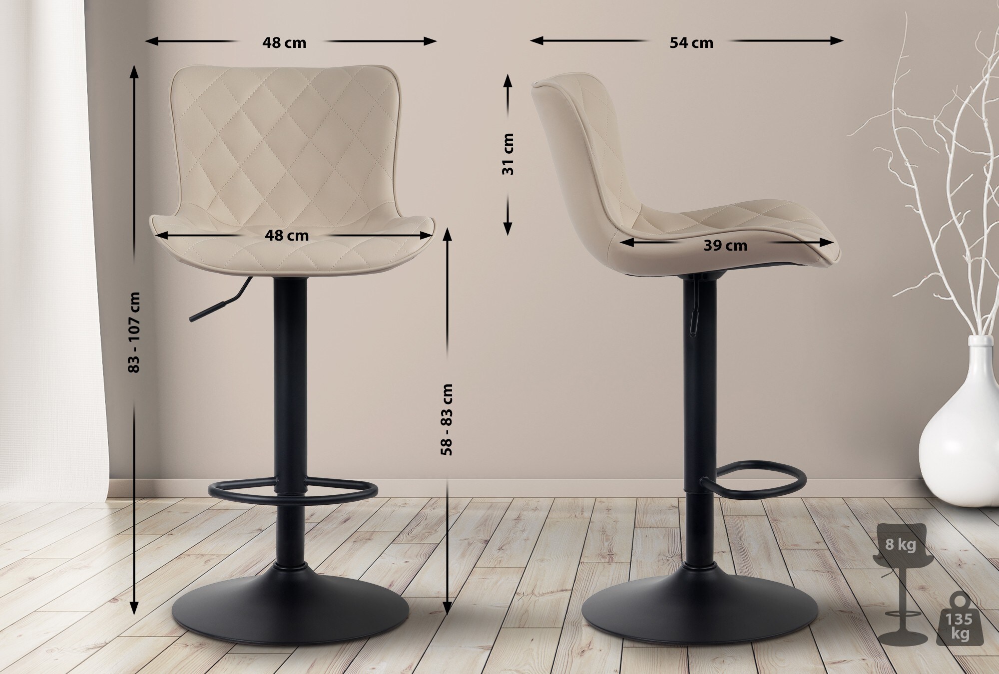 CLP 2er Set Barhocker Emma - Höhenverstellbare Barstühle - 360° Drehstühle Mit Rückenlehne Für Küche Und Bistro