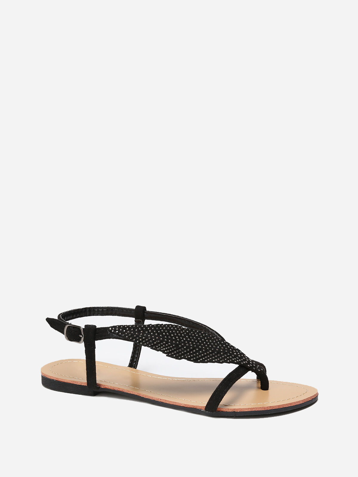 Nu-pieds à feuille en strass- Noir