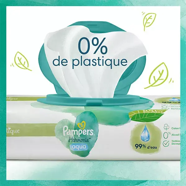Lenços umedecidos Pampers Harmonie Aqua, 0% plástico, 100% fibras vegetais, 99% água, 3 pacotes com 48 lenços cada.