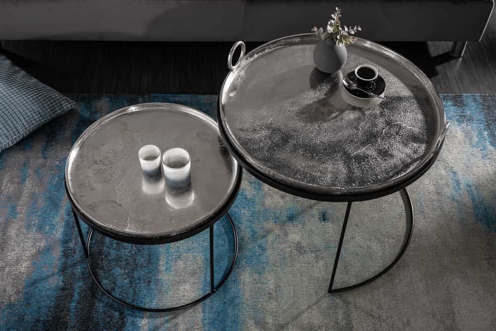 2er Set Runde Couchtische ELEMENTS 65cm silber schwarz Metall Tablett Beistelltisch
