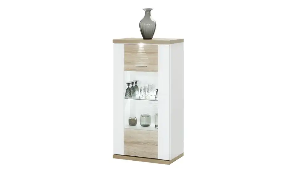 Vitrine Toulon links Spot- und Glaskantenbeleuchtung Weiß, Eiche (Nachbildung)