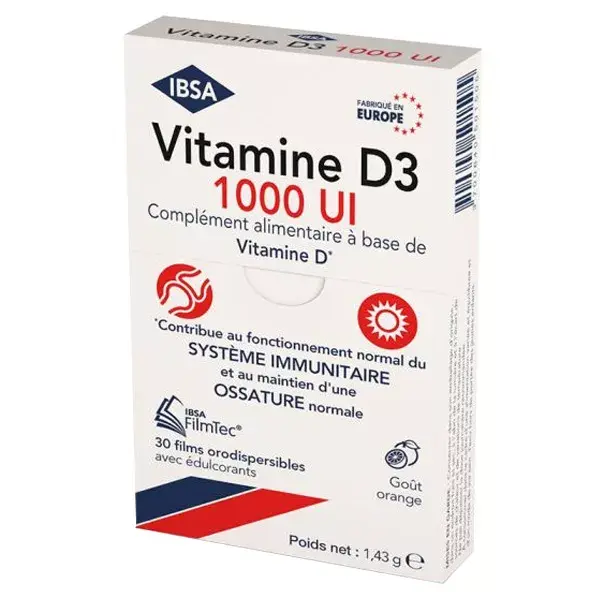 Filmes orodispersíveis de vitamina D3 1000UI da FilmTec, 30 comprimidos.