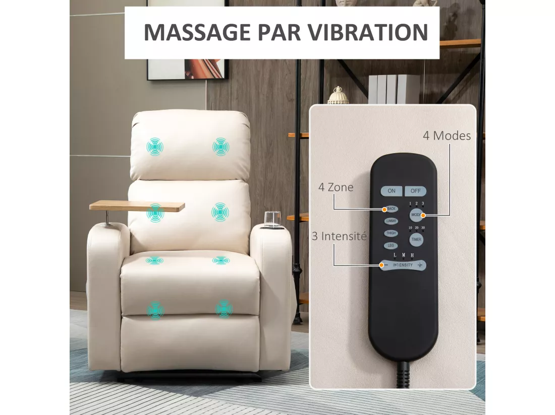 Fauteuil de massage inclinable avec repose-pied télécommande revêtement synthétique tissu beige