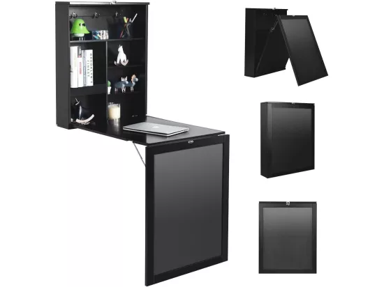 table murale rabattable bureau avec tableau noir, etagère intégrée 75 x 15,8 x 60,1cm