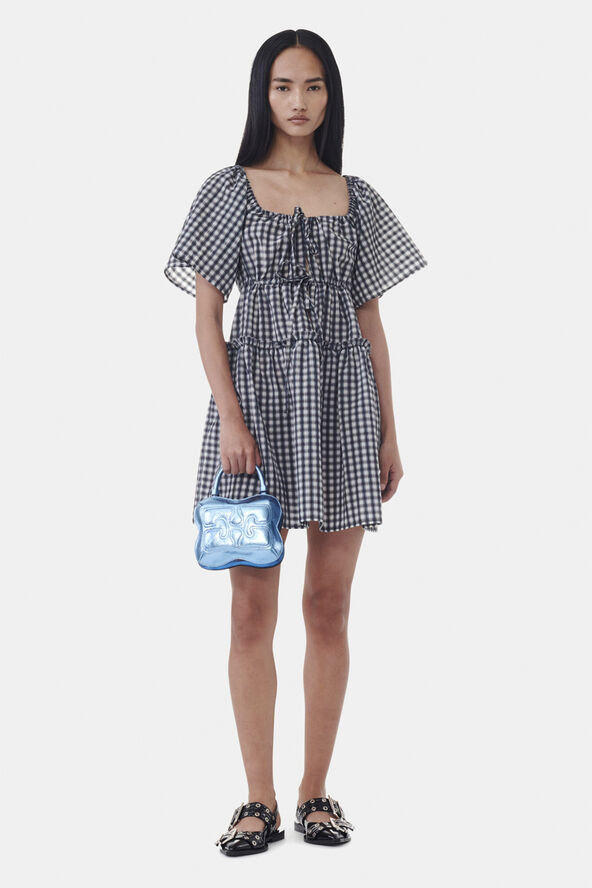 Ganni Seersucker Check Mini Layer Dress Egret