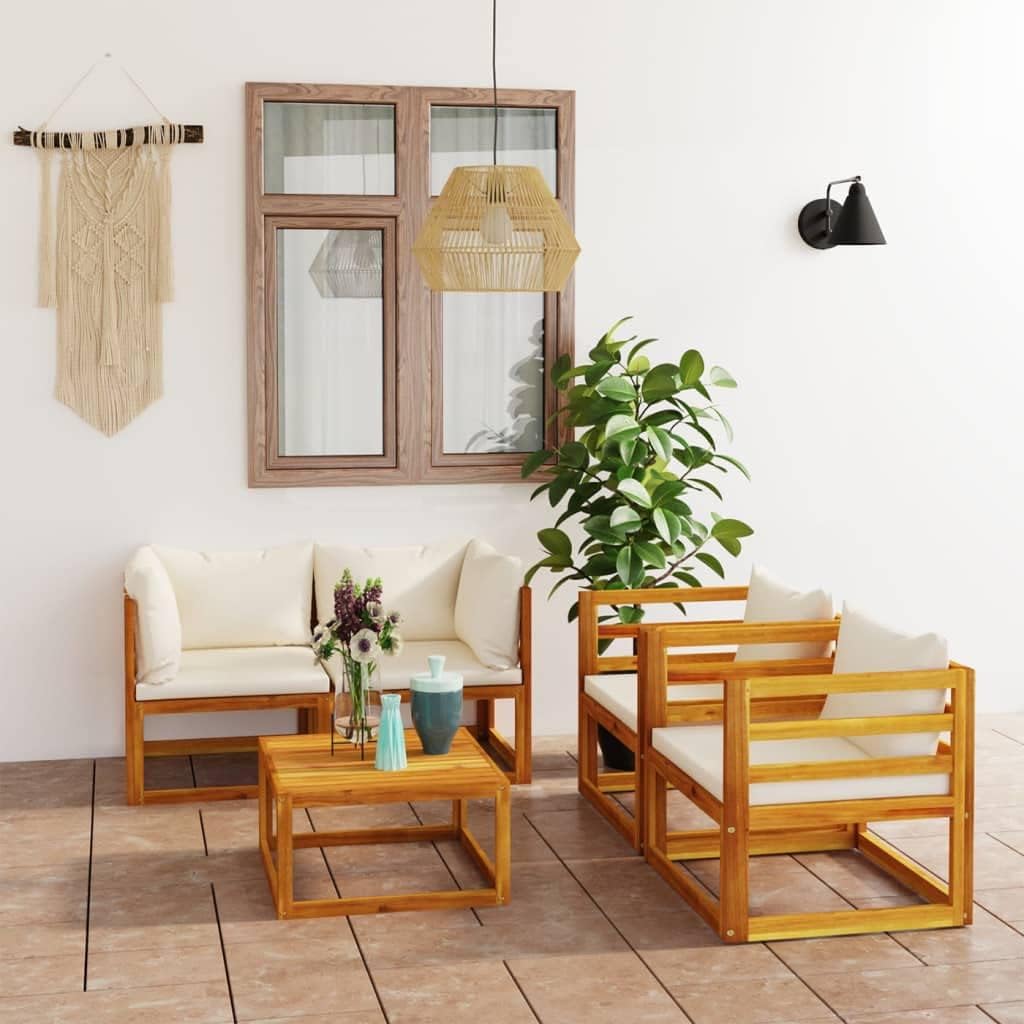 INLIFE 5-TLG. Garten-Lounge-Set mit Auflagen Creme Massivholz Akazie-7640