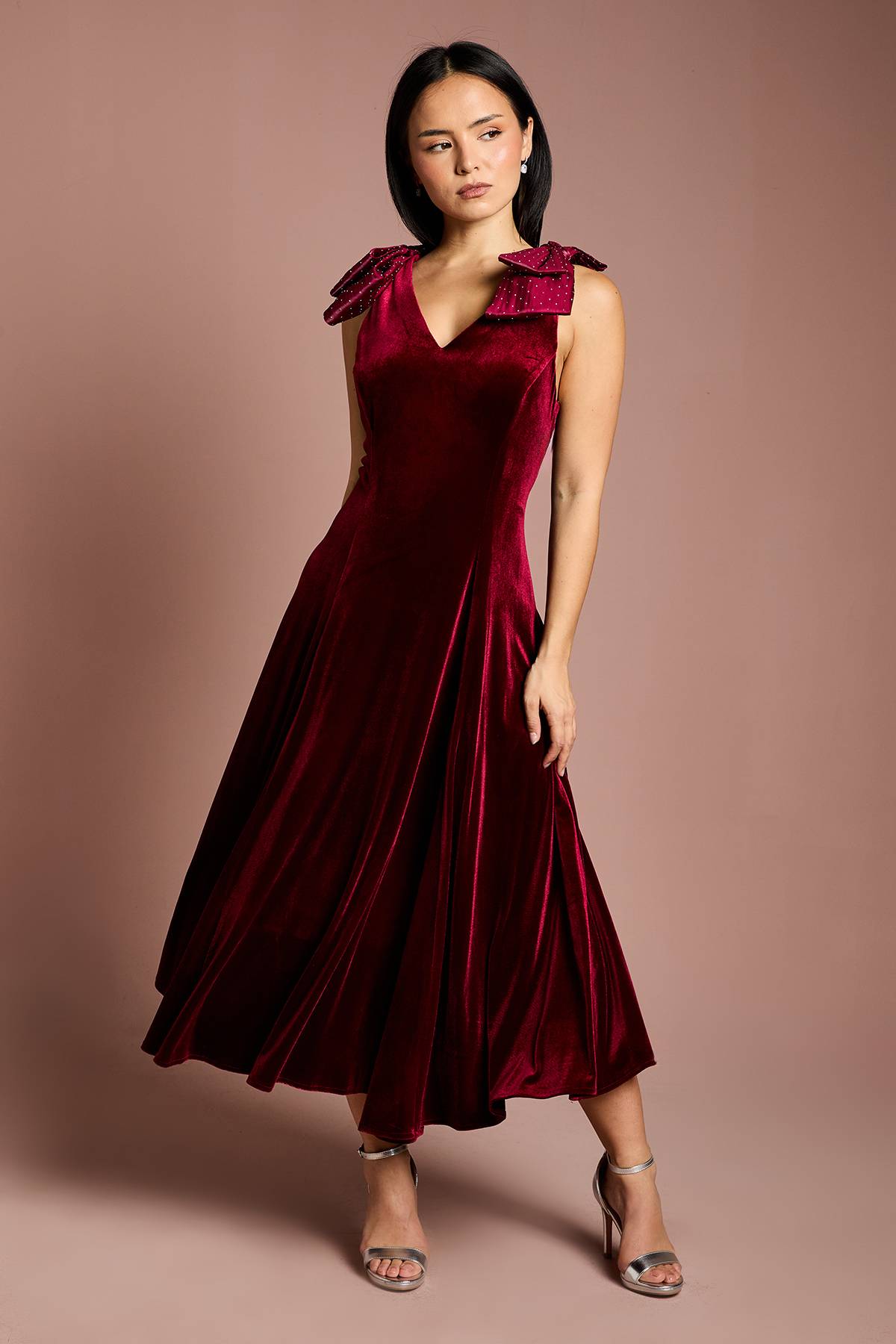 Coast Robe Mi-Longue en Velours avec Nœud Hotfix à l'Épaule Petite Taille