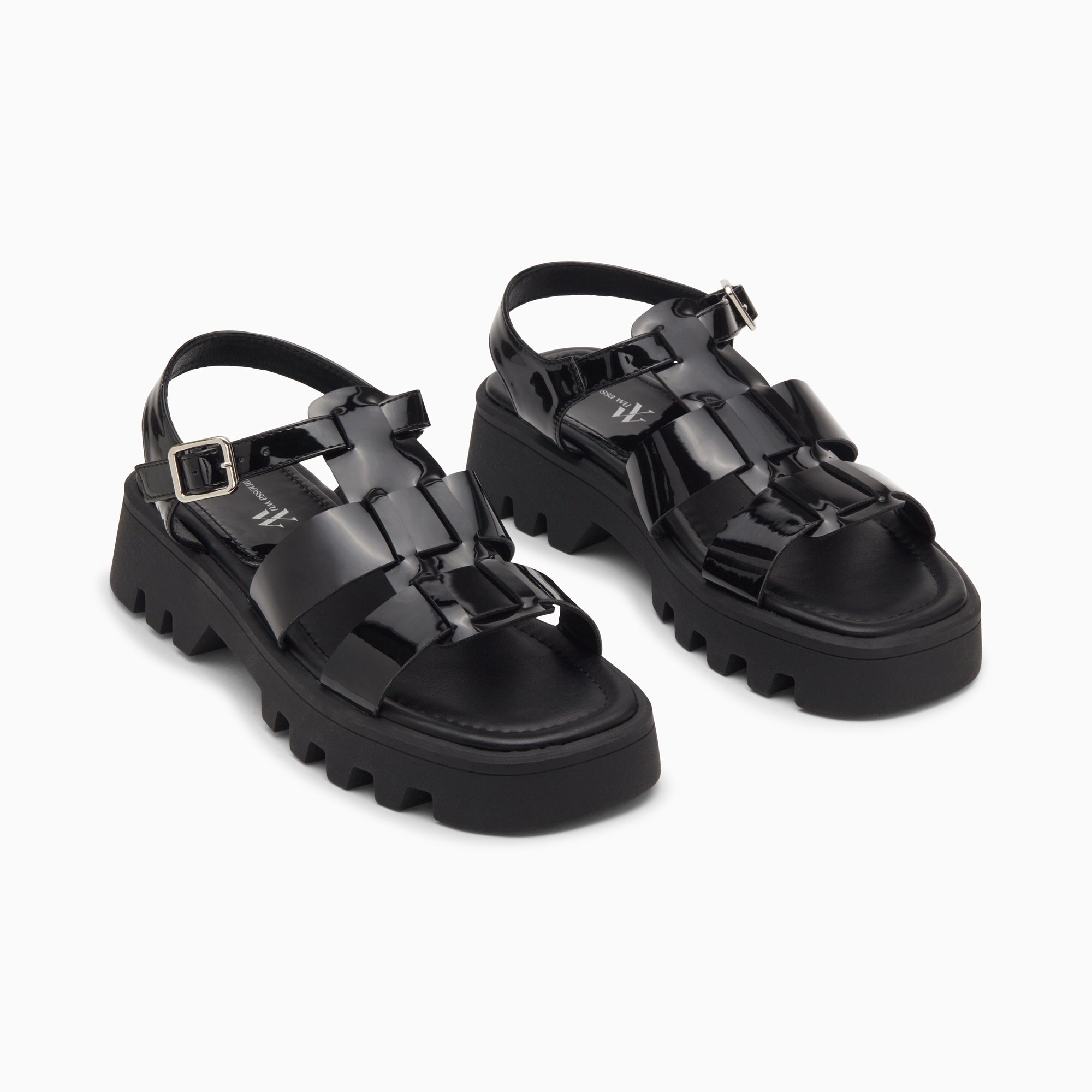 Sandales plates-Sandales Edmée noir verni à plateforme crantée