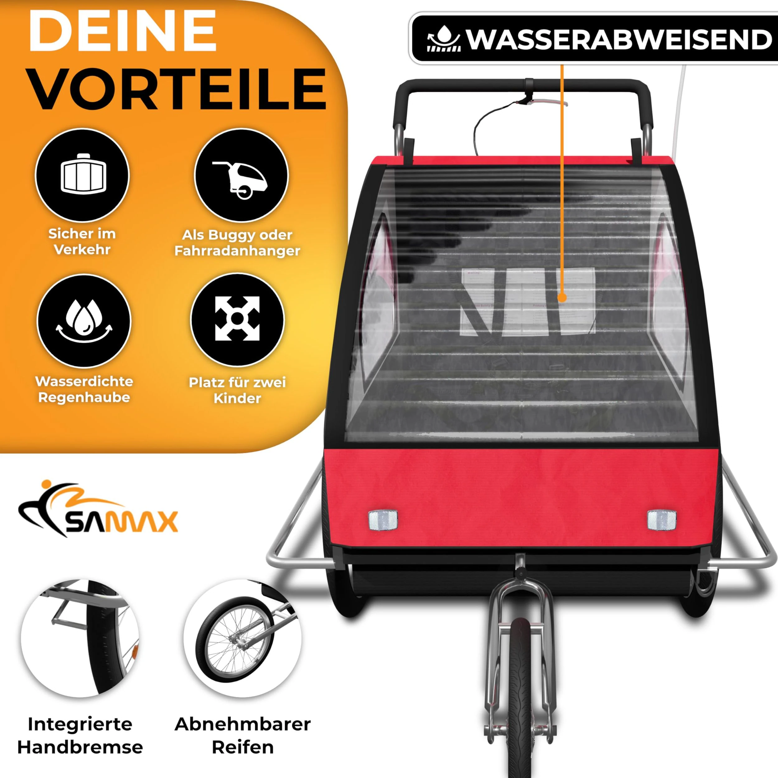 SAMAX Fahrradanhänger 2in1 Jogger - in Rot/Schwarz - Silver Frame